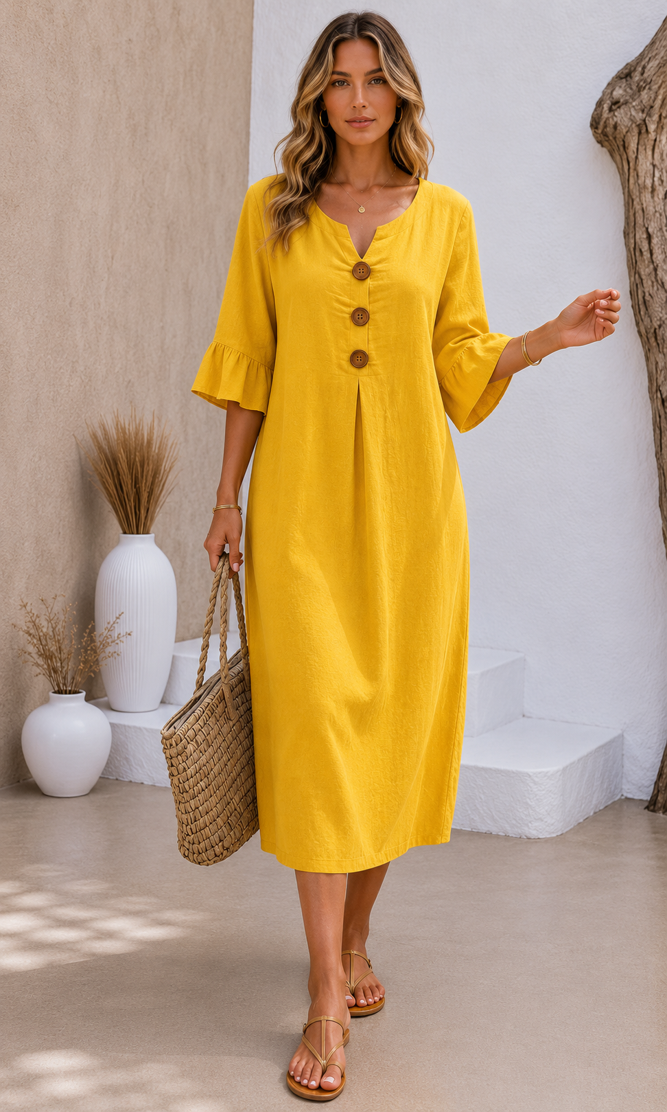 VANESA | VESTIDO CON TEXTURA DE LINO CON MANGA ABULLONADA Y BOTONES