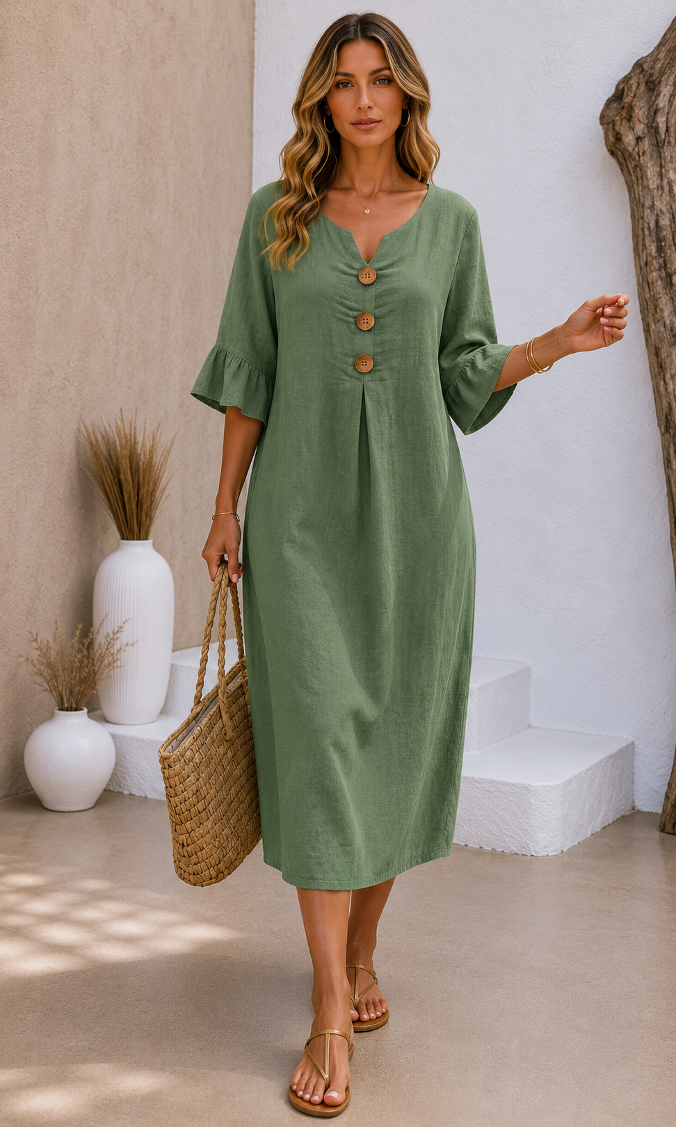 VANESA | VESTIDO CON TEXTURA DE LINO CON MANGA ABULLONADA Y BOTONES