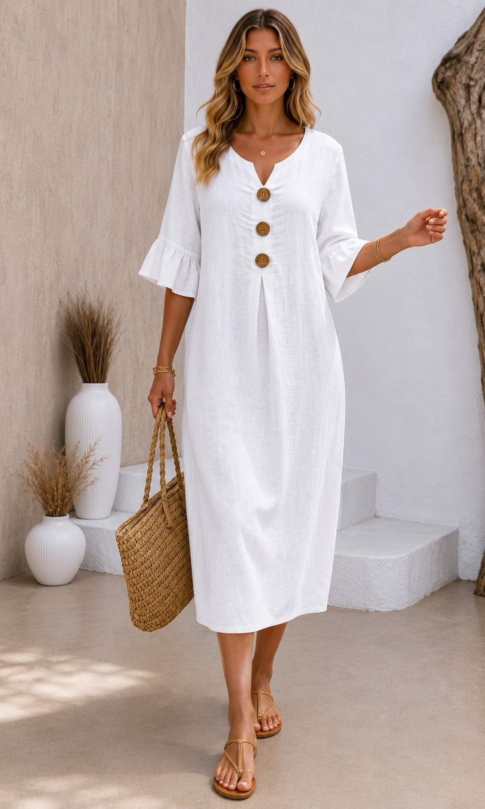 VANESA | VESTIDO CON TEXTURA DE LINO CON MANGA ABULLONADA Y BOTONES