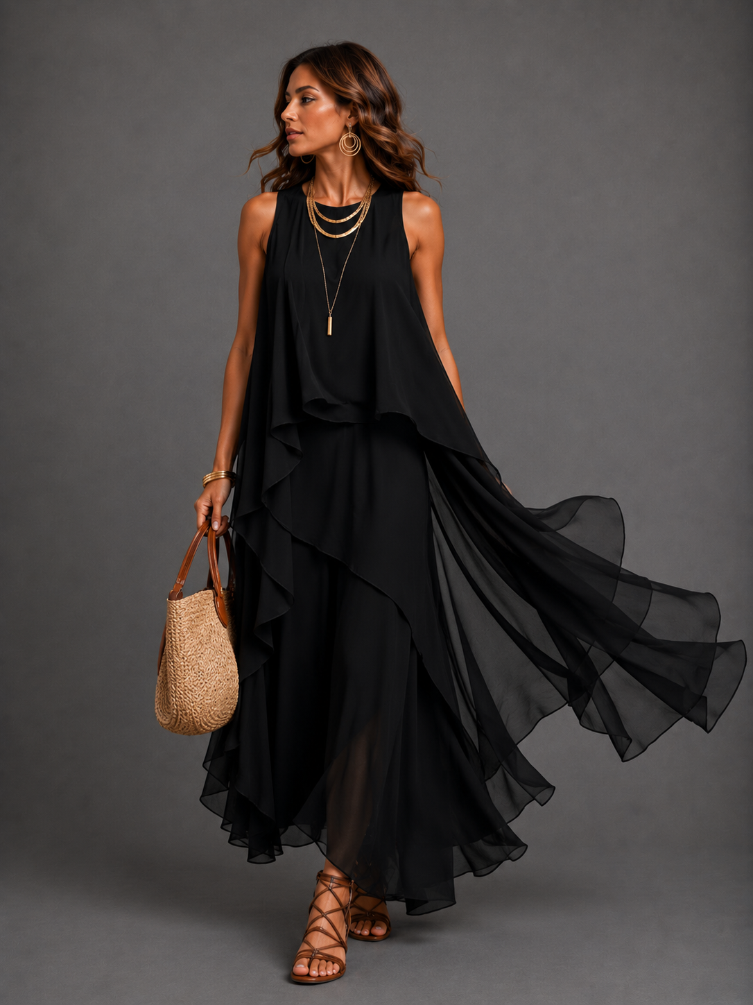 MARINA | VESTIDO MAXI SIN MANGAS DE CHIFÓN NEGRO CON CUELLO REDONDO EN CAPAS