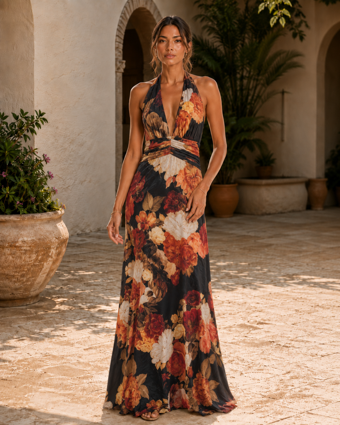 JUNE | VESTIDO MAXI CON ESCOTE HALTER Y CINTURA FRUNCIDA ESTAMPADO