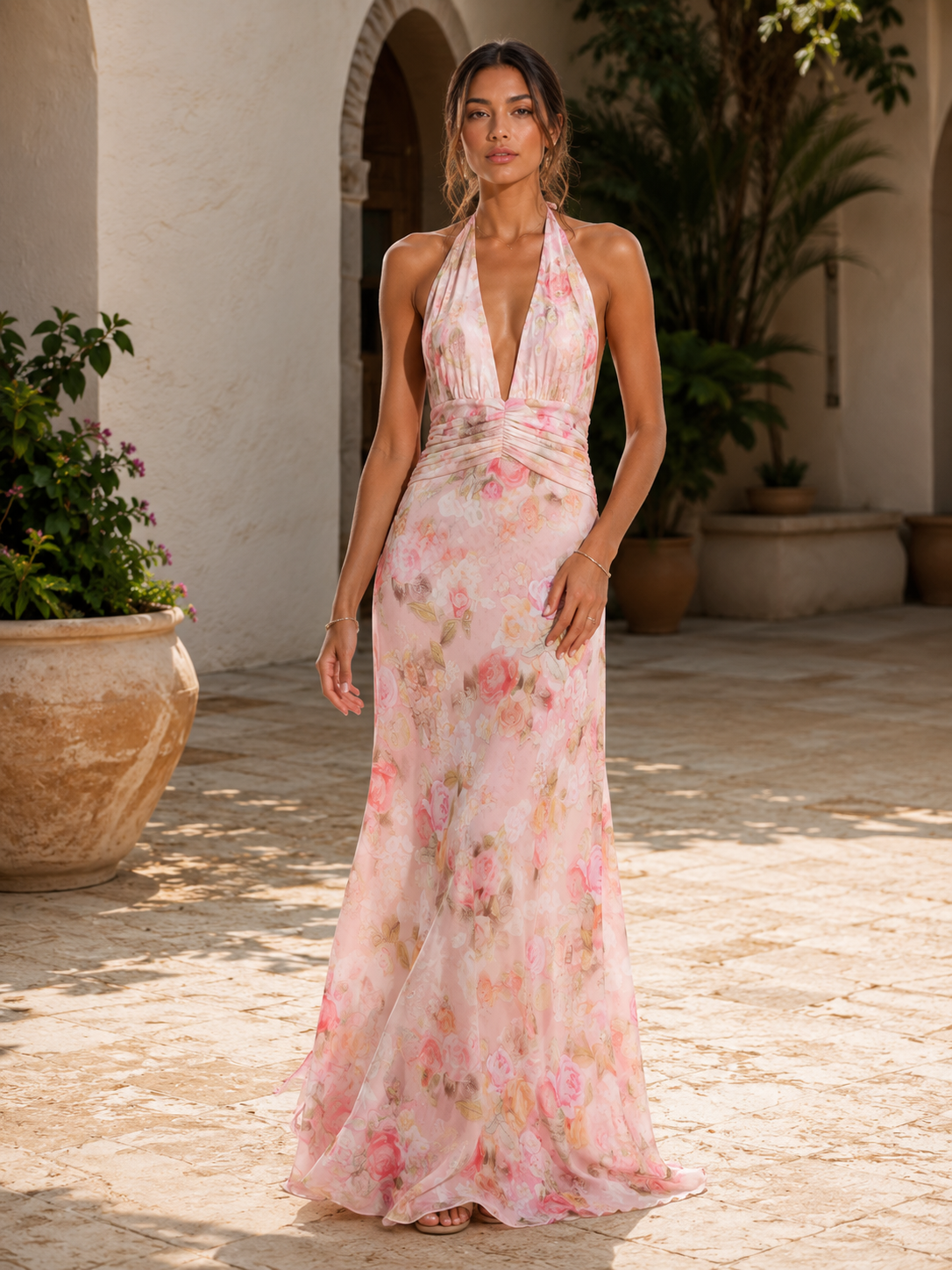 JUNE | VESTIDO MAXI CON ESCOTE HALTER Y CINTURA FRUNCIDA ESTAMPADO