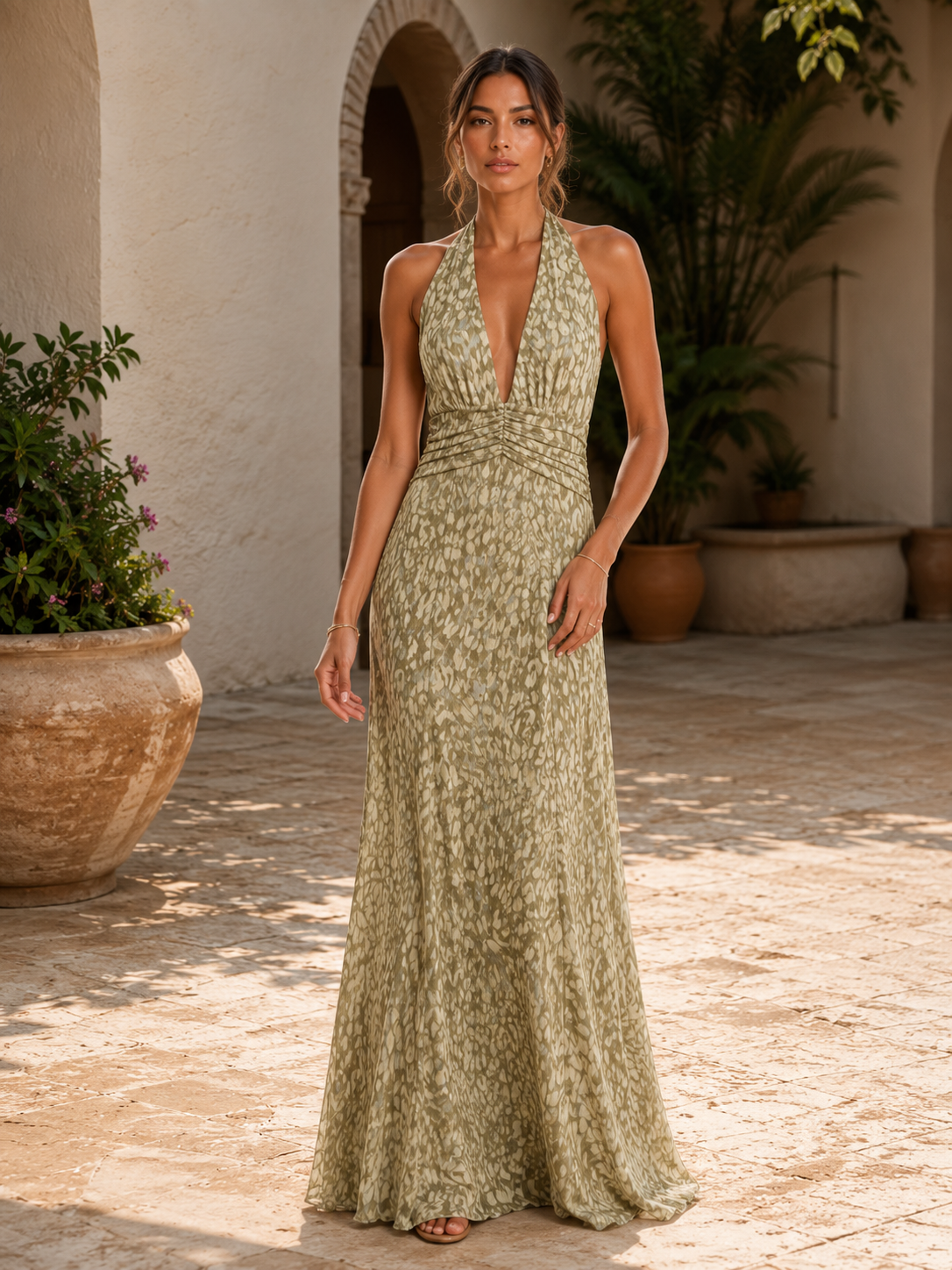 JUNE | VESTIDO MAXI CON ESCOTE HALTER Y CINTURA FRUNCIDA ESTAMPADO