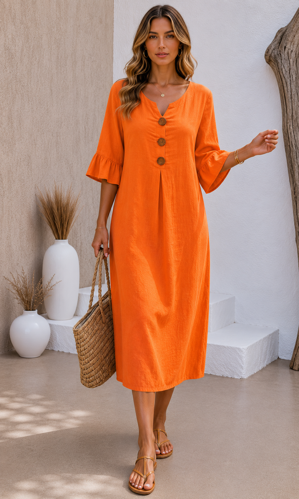 VANESA | VESTIDO CON TEXTURA DE LINO CON MANGA ABULLONADA Y BOTONES