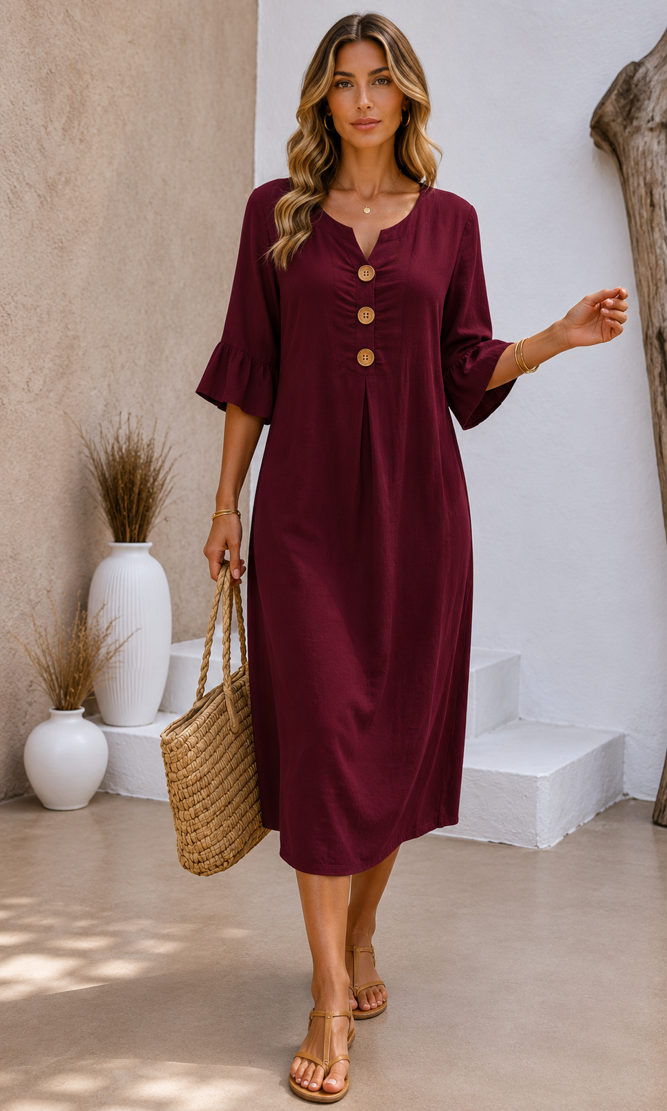 VANESA | VESTIDO CON TEXTURA DE LINO CON MANGA ABULLONADA Y BOTONES