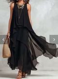 MARINA | VESTIDO MAXI SIN MANGAS DE CHIFÓN NEGRO CON CUELLO REDONDO EN CAPAS